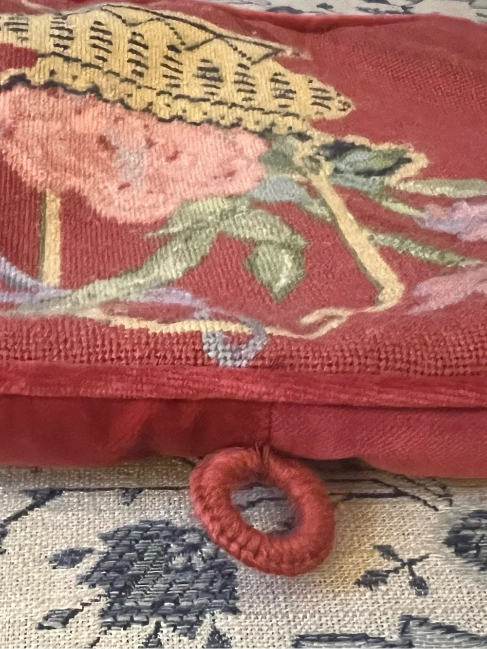 Vintage Needlepoint Tea Cozy: Floral Bouquet, red velvet back and satin lining